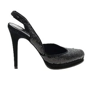 DVF Diane von Furstenberg black glitter heels sling back pumps d’Orsay women’s